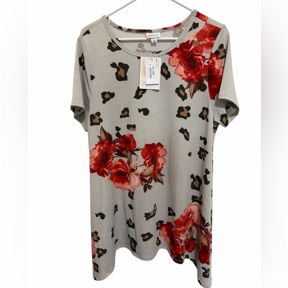 LuLaRoe Gray Top with Red Floral and Leopard Print